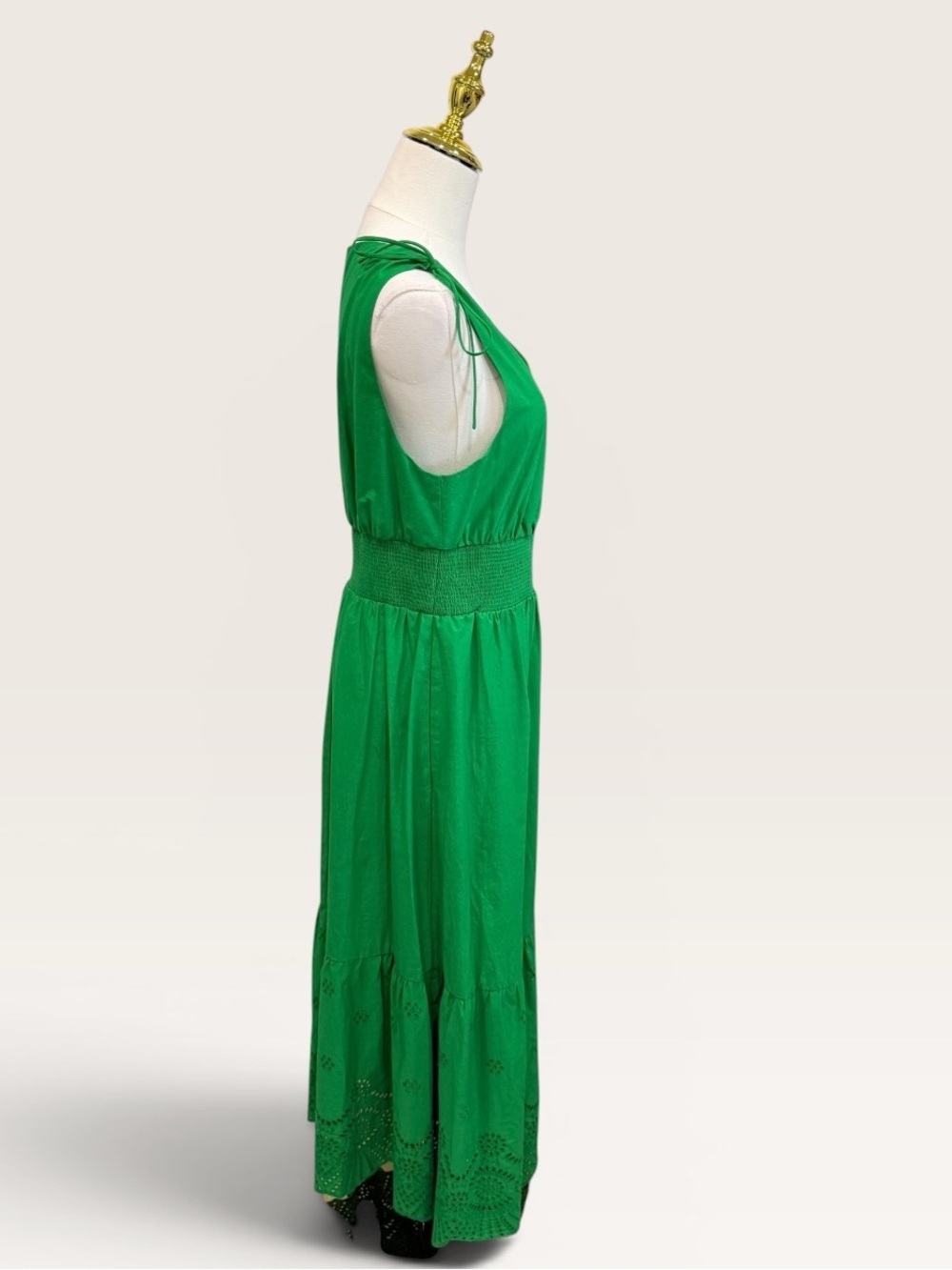 Adrianna Papell Smocked Waist Tie Sleeve Eyelet Cotton Sundress Kelly Green NWT - Picture 10 of 15